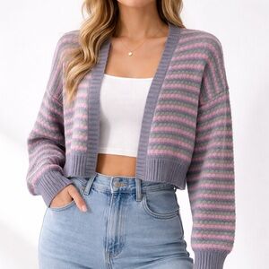Forever 21 Striped Cropped Cardigan Pink Gray Chunky Knit Sweater Boho Grunge L